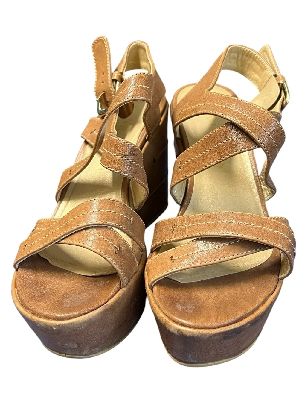 Stuart Weitzman tan leather strappy wedge sandals - Picture 2 of 9